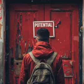 A man wearing a backpack realizing his full potential, looking at a red door that has a sign reading "POTENTIAL"