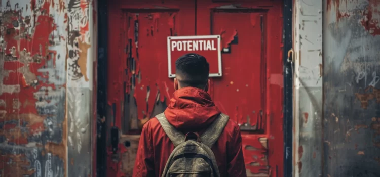 A man wearing a backpack realizing his full potential, looking at a red door that has a sign reading "POTENTIAL"