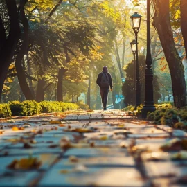 A person taking a walk in a city park, trying to spend more time outside