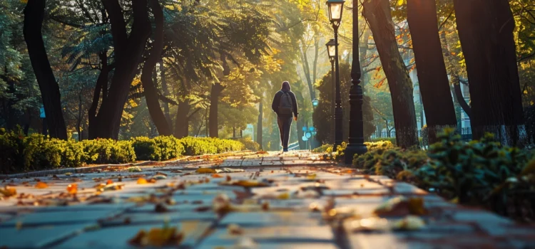 A person taking a walk in a city park, trying to spend more time outside