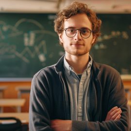 a smiling Ph.D. student wearing glasses is waiting for advice in a university classroom