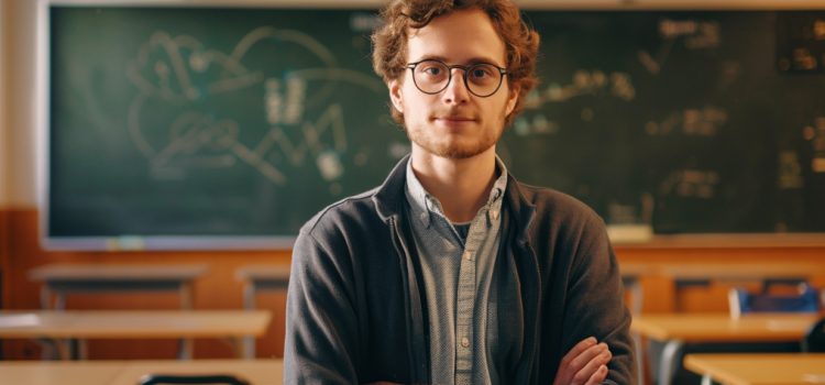 a smiling Ph.D. student wearing glasses is waiting for advice in a university classroom