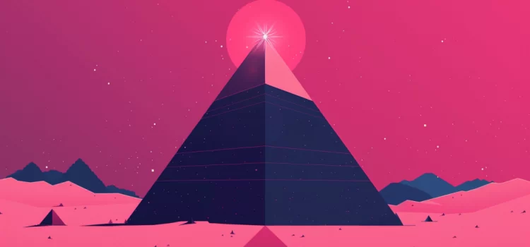 A pyramid in a pink desert with a star shining at the point
