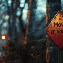 a sign on a wooded pathway says "Move on already," illustrating grief myths debunked by Megan Devine