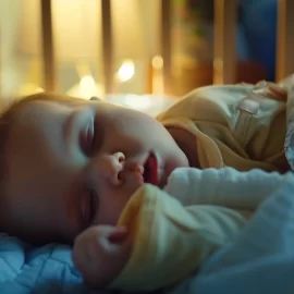 A baby sleeping in a crib at night thanks to parents who know how to help baby sleep through the night.