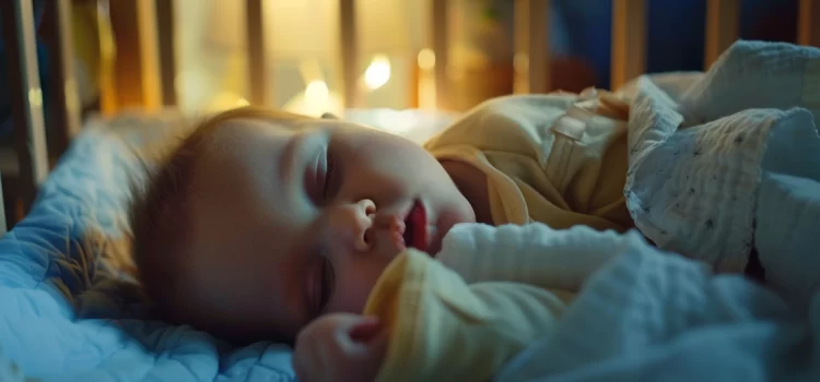 A baby sleeping in a crib at night thanks to parents who know how to help baby sleep through the night.
