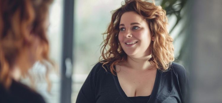 a smiling overweight woman smiles in a mirror, illustrating why you should love yourself