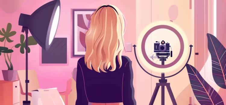 A woman recording herself for social media network marketing with a ring light and camera