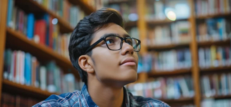a male student in a library looks up thoughtfully, illustrating a focus on strengths-based development in school