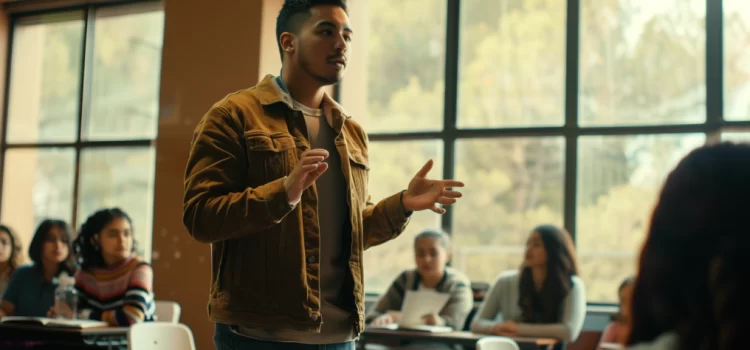 a young man speaking to a college classroom full of students illustrates strengths-based leadership as a student