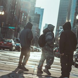 three men in hoodies walk down a city street where cars are parked along the curb on either side