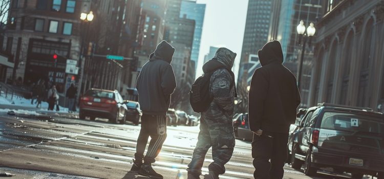 three men in hoodies walk down a city street where cars are parked along the curb on either side