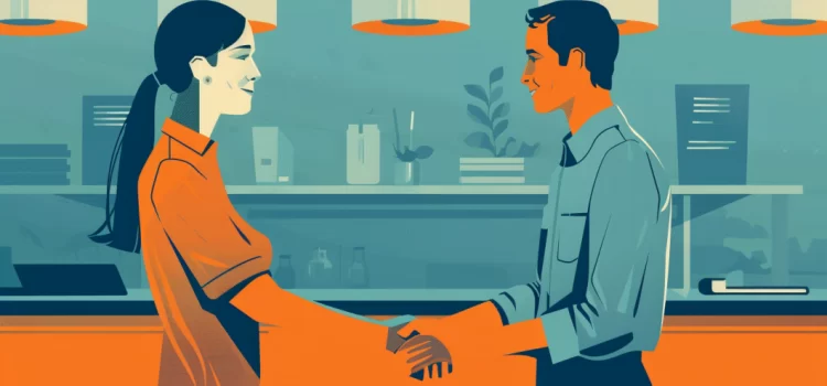 A man and woman shaking hands, showing how to get hired after an interview
