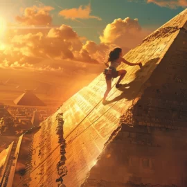 Cartoonish depiction of a woman climbing to the top of a pyramid in Egypt
