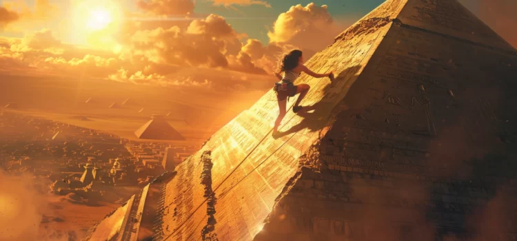 Cartoonish depiction of a woman climbing to the top of a pyramid in Egypt