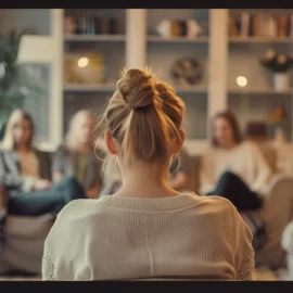 A blonde woman network marketing in a living room, a group of women sit on a couch