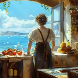 A woman in a kitchen with a window that overlooks the Mediterranean Sea. Ingredients are on the counters.