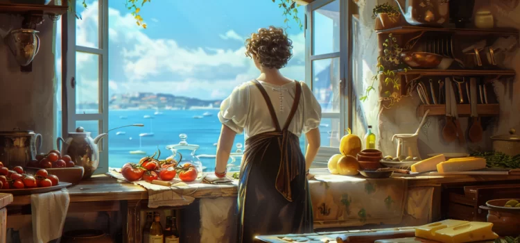 A woman in a kitchen with a window that overlooks the Mediterranean Sea. Ingredients are on the counters.