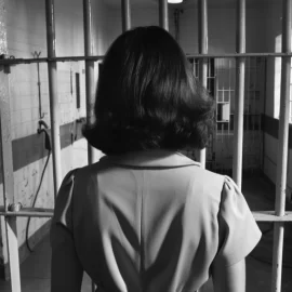 a brunette woman from behind standing in a prison cell in the late 1960s