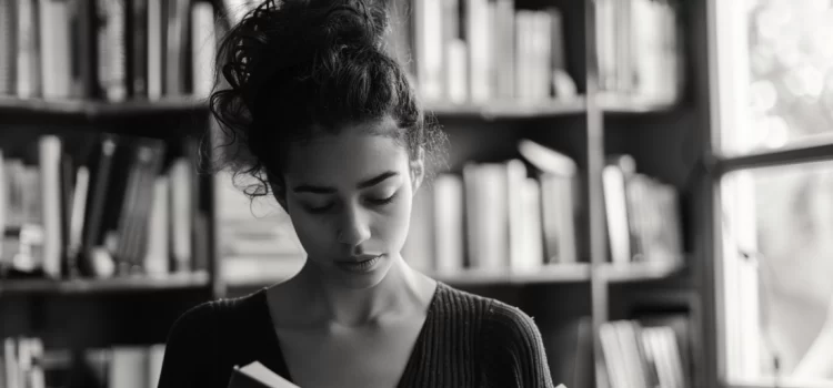 A black and white image of a woman reading a book in front of a bookshelf.