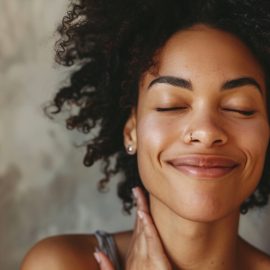 a smiling woman—with eyes closed and embracing herself—illustrates the power of self-love