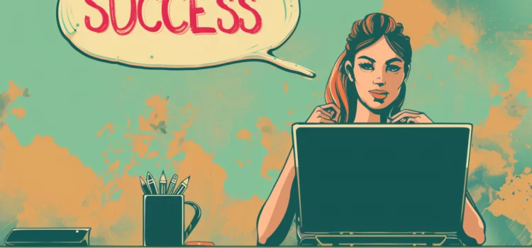 A woman practicing the best habits for success by working on her laptop with a thought bubble that reads "SUCCESS"