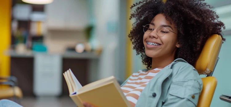 A woman with braces reading a book while sitting on a dentist chair in a dental office