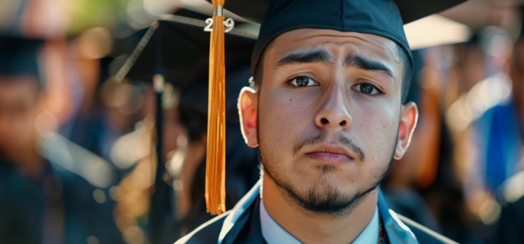 a graduate student wearing a cap and gown looks worried, illustrating a difficult job market for Ph.D.s
