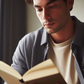 a young man reading a book in a casual setting with a plant and a window with a curtain in the background