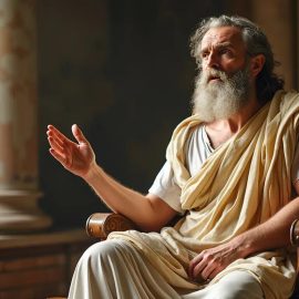 An ancient Greek philosopher sitting in a chair and teaching illustrates The Republic Book 10