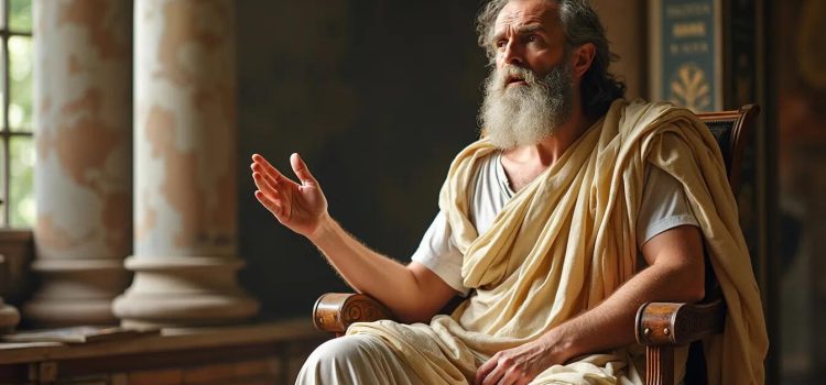 An ancient Greek philosopher sitting in a chair and teaching illustrates The Republic Book 10