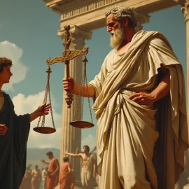 An ancient Greek philosopher holding the scales of justice illustrates Plato’s concept of justice