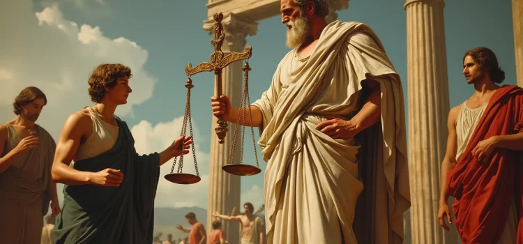 An ancient Greek philosopher holding the scales of justice illustrates Plato’s concept of justice