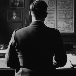 a Nazi officer from behind working at a desk in an office that has maps, books, papers, and a lamp