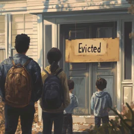 A poor family of four standing in front of a house with an Evicted sign on the door