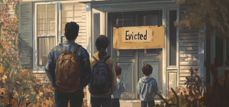 A poor family of four standing in front of a house with an Evicted sign on the door