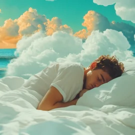 A man sleeping in a bed surrounded by a lucid dream of the ocean