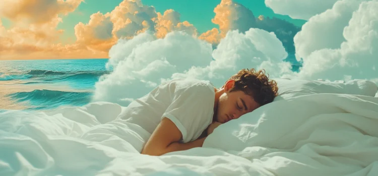 A man sleeping in a bed surrounded by a lucid dream of the ocean