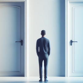 A man standing in front of two closed doors illustrates the concept of compatibilism (free will and determinism coexisting)