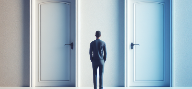 A man standing in front of two closed doors illustrates the concept of compatibilism (free will and determinism coexisting)