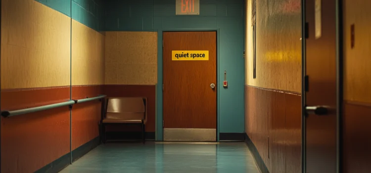 A door in a school hallway that says "quiet space" on it for people with autism disorder