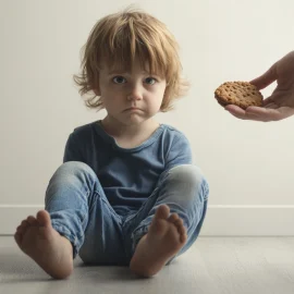 A hand holding a cookie out to a sad toddler, who is sitting on the floor