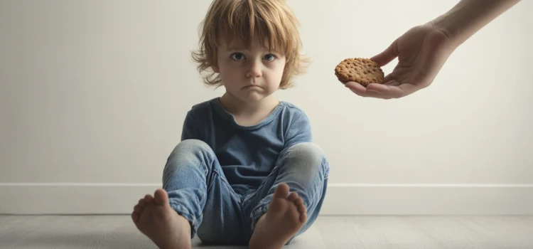 A hand holding a cookie out to a sad toddler, who is sitting on the floor