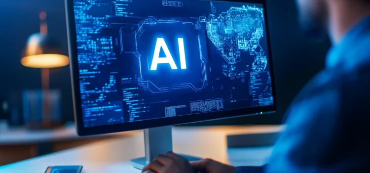 A man working on a computer screen that reads "AI" as part of an initiative to push advancement in business