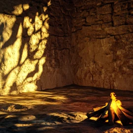 A cave with a campfire and shadows on the wall illustrates The Republic's allegory of the cave