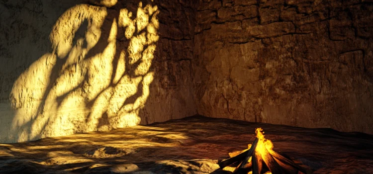 A cave with a campfire and shadows on the wall illustrates The Republic's allegory of the cave