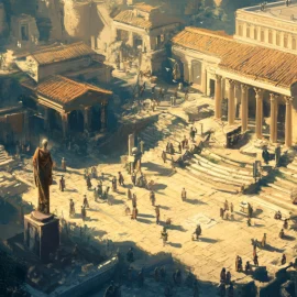 A view from above of a city square in ancient Greece illustrates Plato's society model