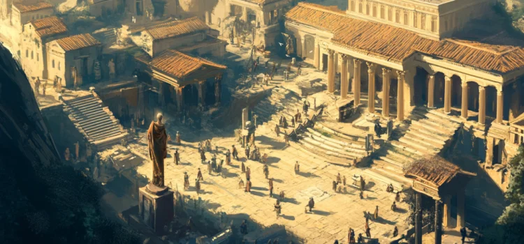 A view from above of a city square in ancient Greece illustrates Plato's society model