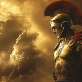 An ancient Greek soldier surrounded by clouds illustrates Plato’s myth of Er