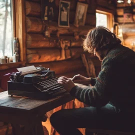 A creative man sitting at a desk with a typewriter on it while sitting in a log cabin